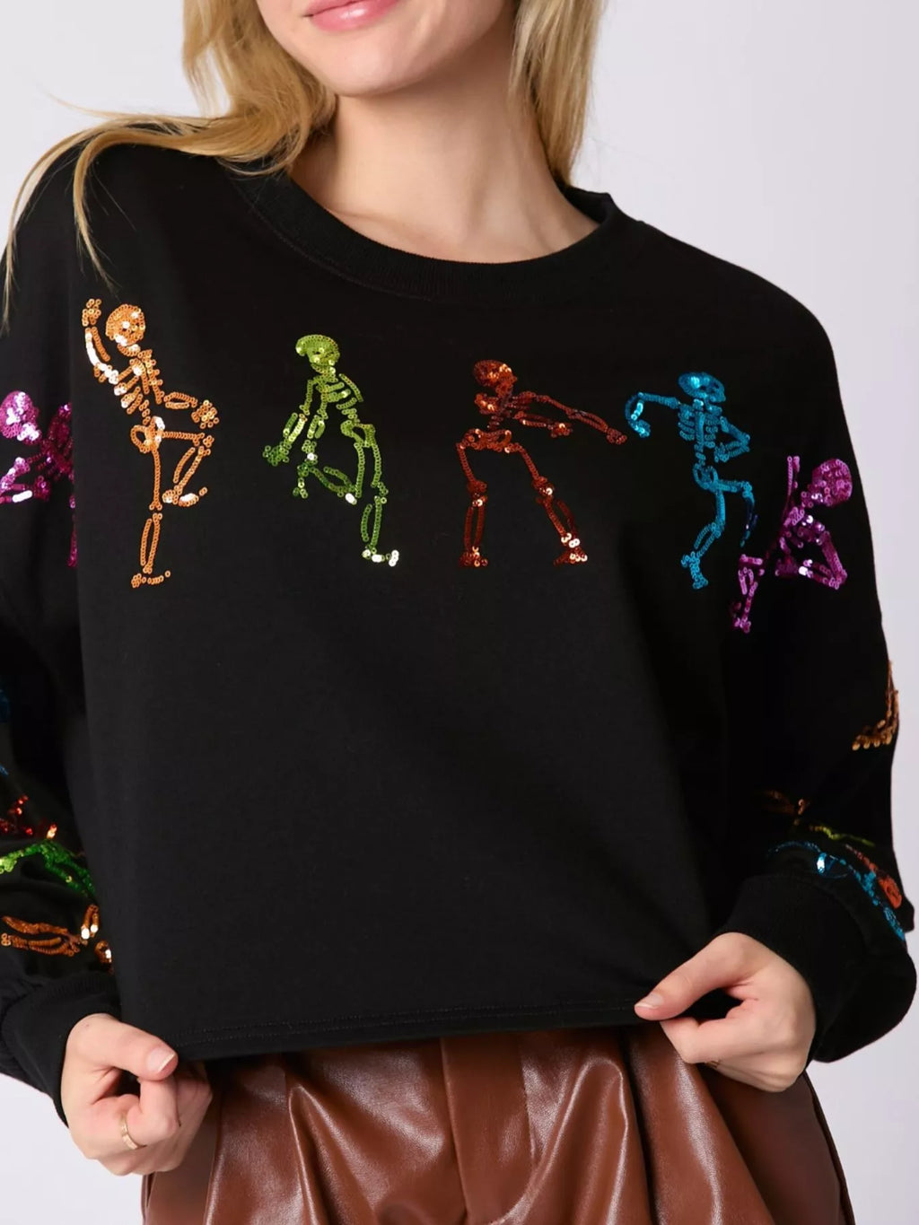 Sarah Express Women's Halloween Colorful Sequin Skeleton Sweatshirt