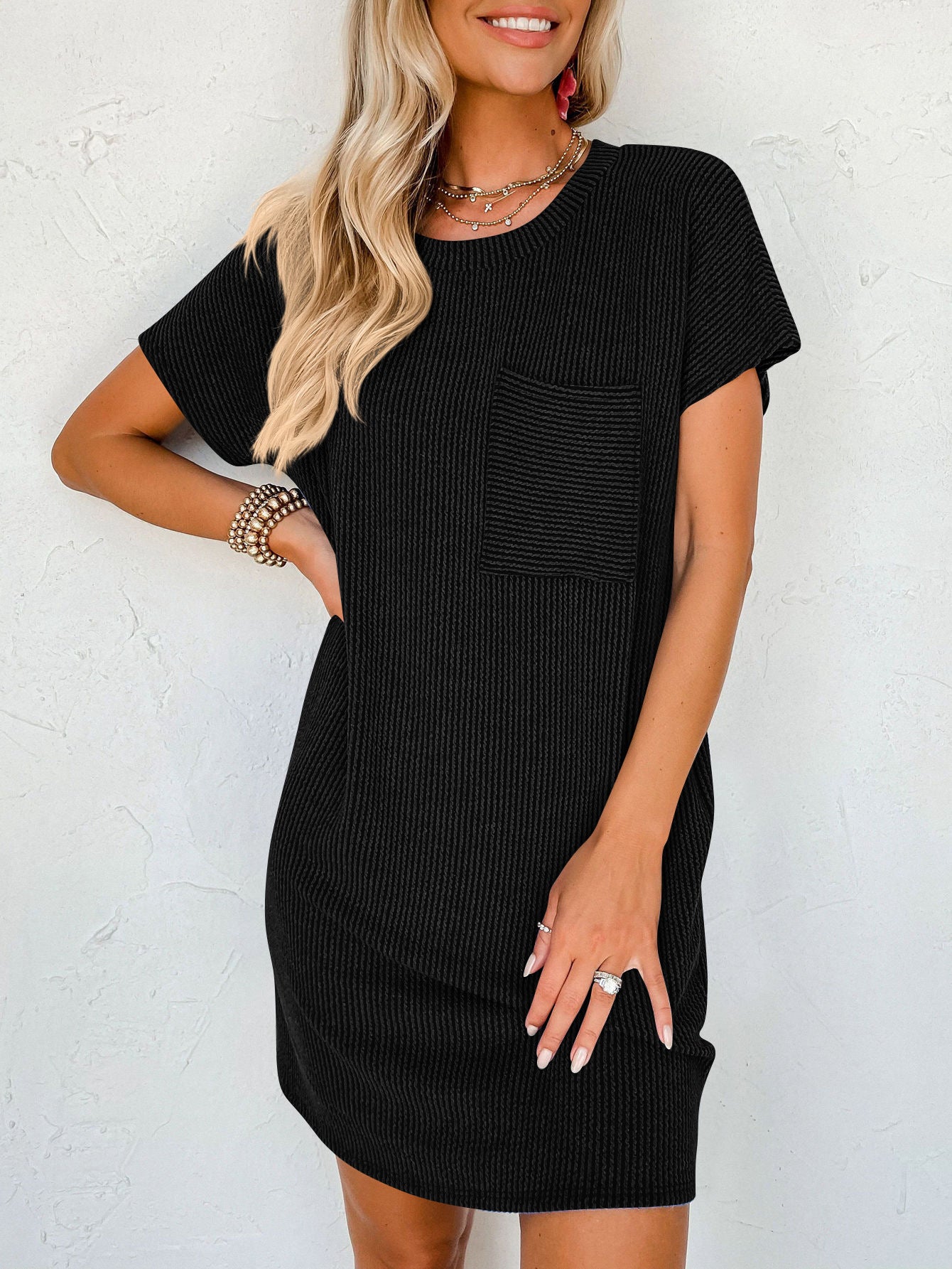 Women's Striped Short Sleeve Pocket Dress Casual Pullover