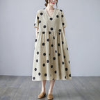 Women's Cotton Linen V-Neck Maxi Dress - Summer Work Casual Short Sleeve Apricot One Size