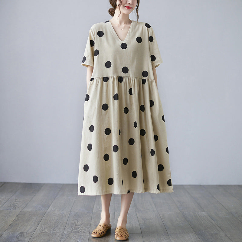 Women's Cotton Linen V-Neck Maxi Dress - Summer Work Casual Short Sleeve Apricot One Size