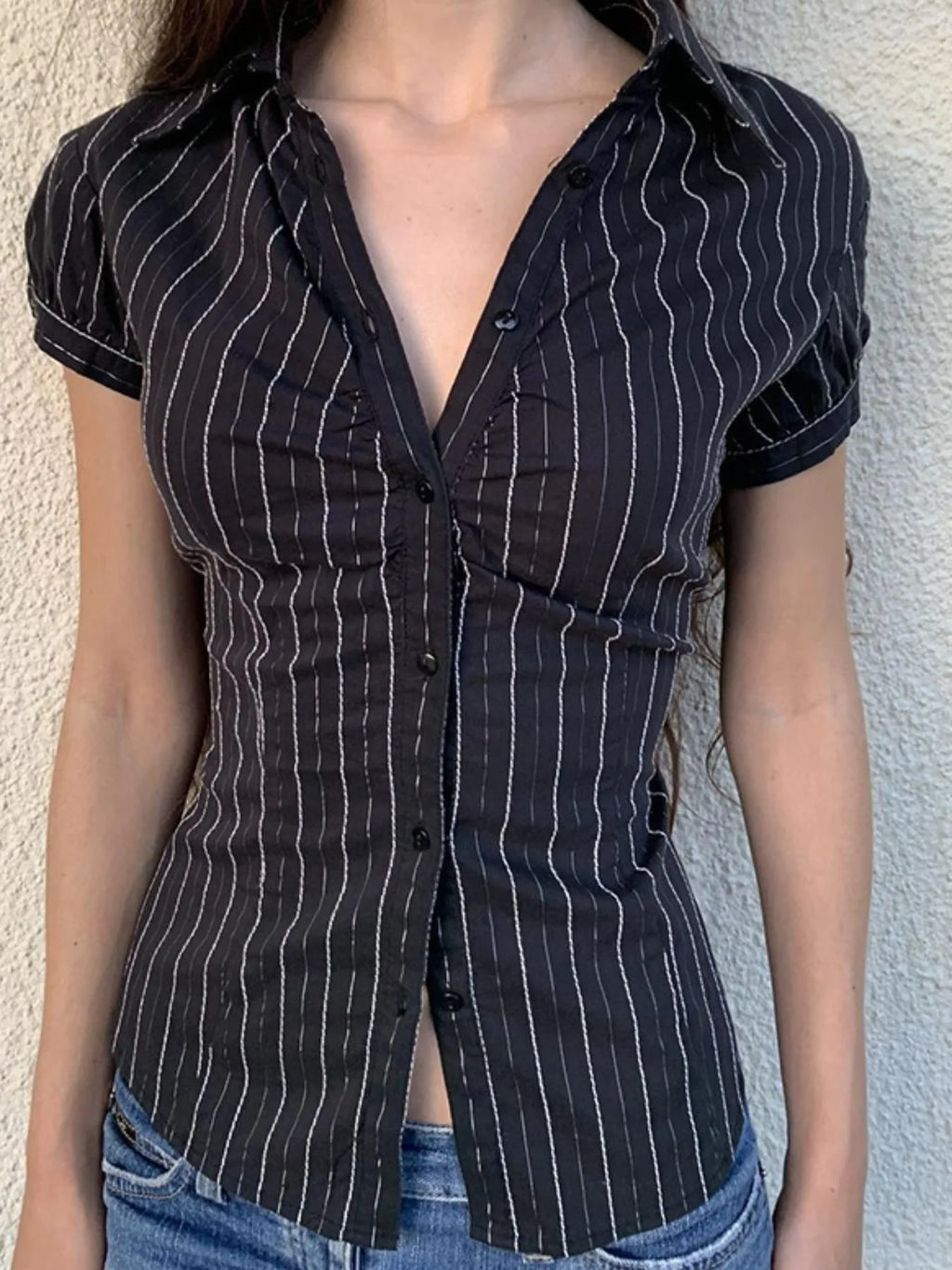 Sarah Express Women's Striped Button-Down Collared Shirt