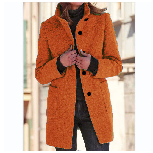 Women's Stand Collar Woolen Coat Button Front Outerwear