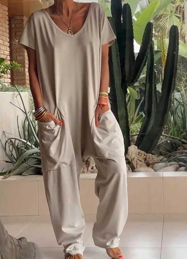Women's V-Neck Oversized Jumpsuit Quarter Sleeve Pockets Casual Street Style Spring Summer