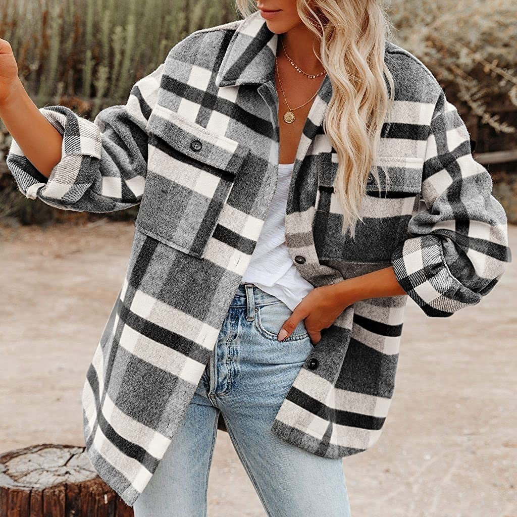 Women's Plaid Flannel Woolen Button-Up Shirt Urban Cardigan Style