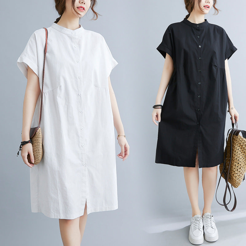 Women's Cotton Linen Stand Collar Loose Fit Dress