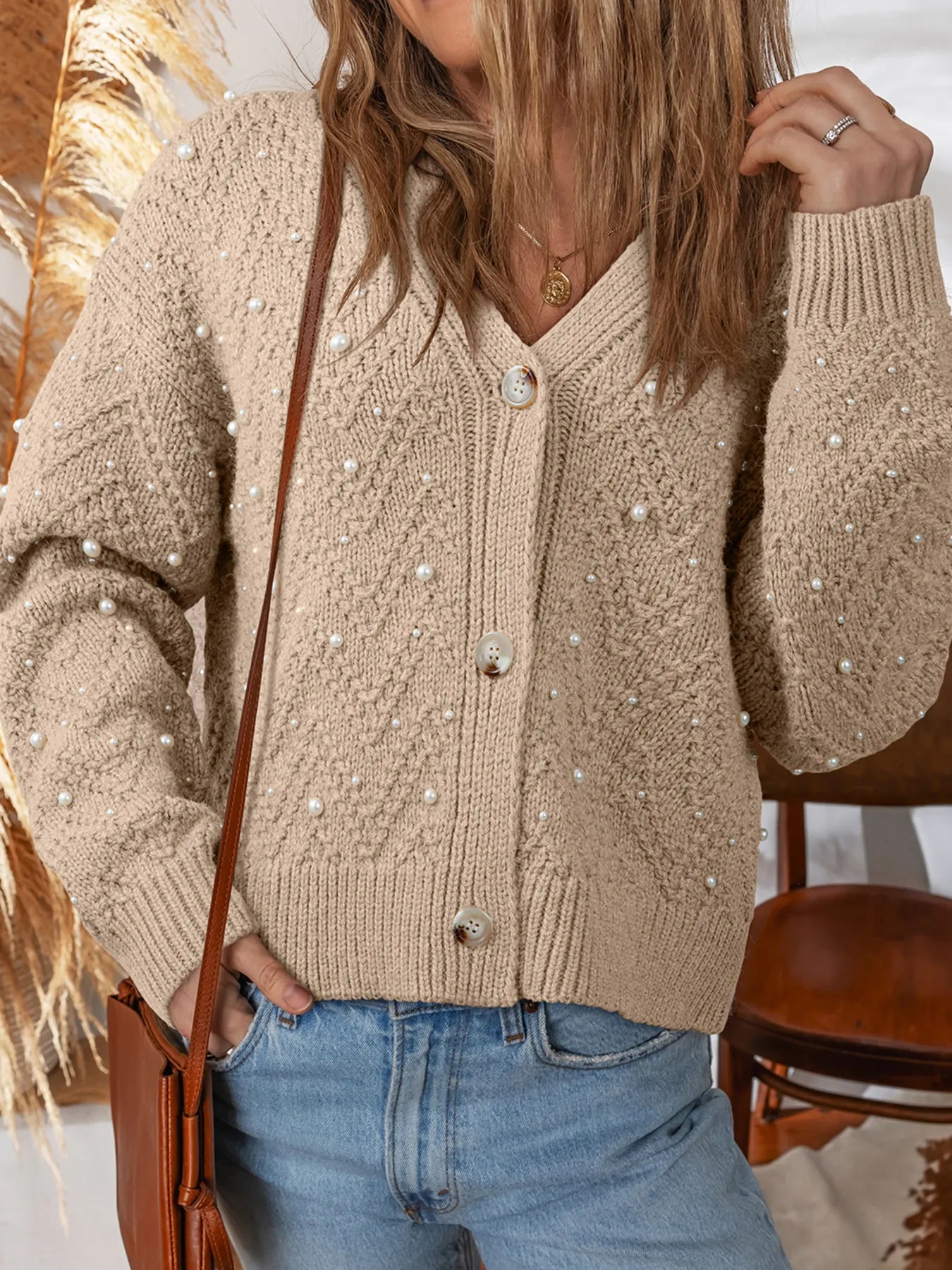 Sarah Express Women's Pearl Embellished Button Front V Neck Sweater Cardigan Khaki