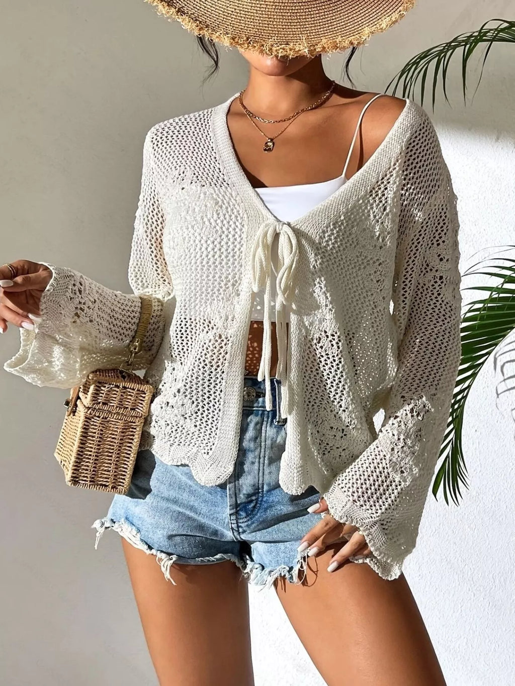 Sarah Express Women's Crochet Knit Tie-Front Cardigan White