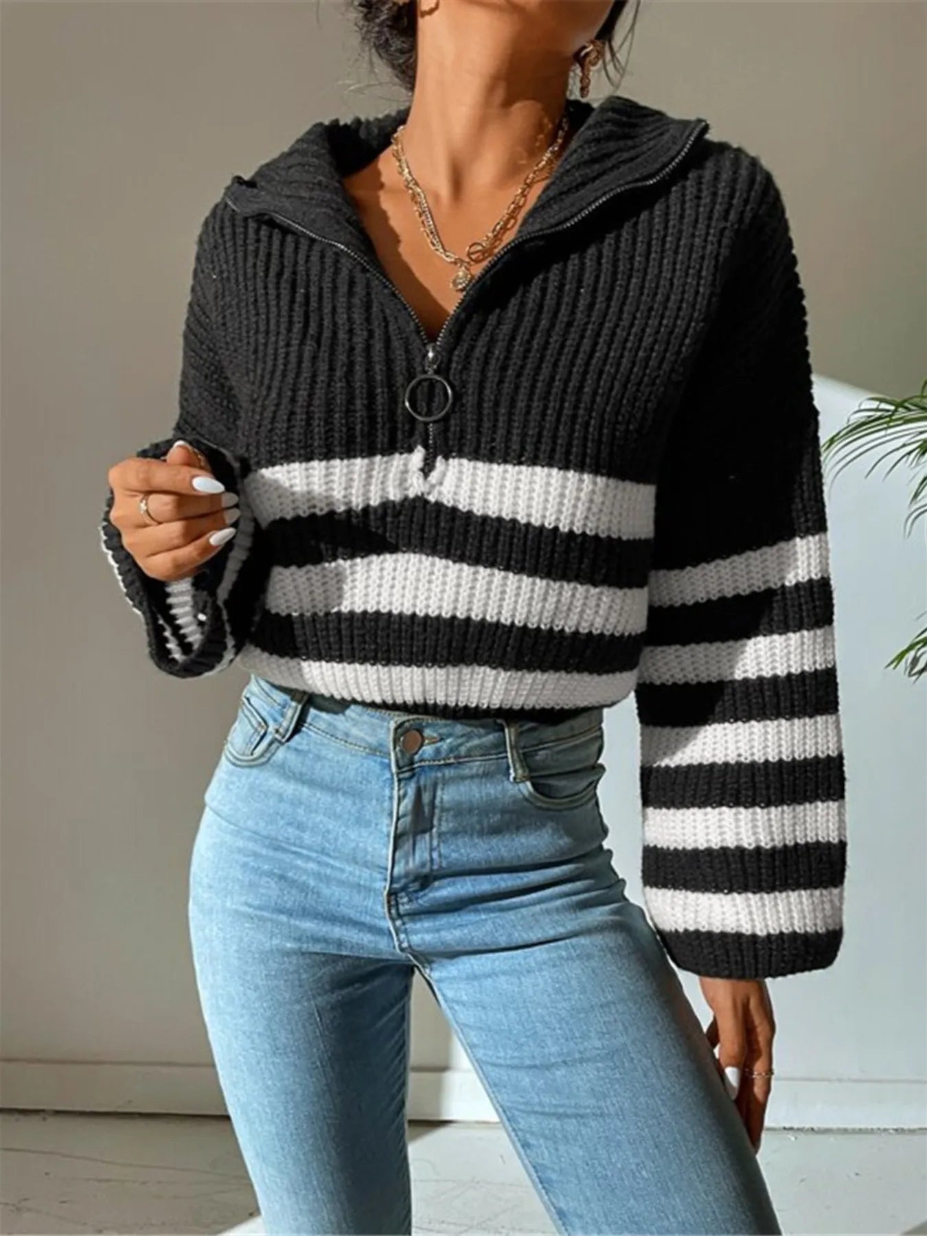 Sarah Express Women's Striped Half Zip Cropped Sweater Black