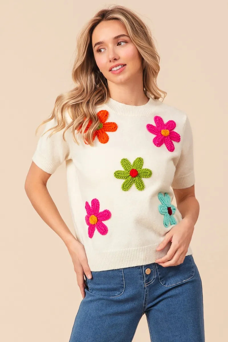 Sarah Express Women’s Short Sleeve Sweater with Crochet Flower Patches
