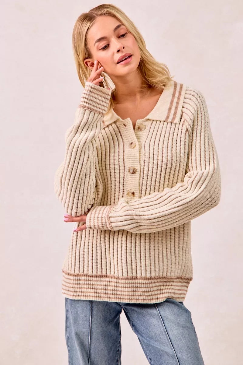 Sarah Express Women’s Two Tone Ribbed Sweater with Half Button Collar