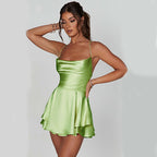 Backless Lace-Up Suspender Strap Satin A-Line Short Dress Women's Party