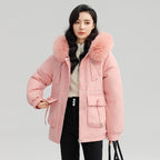 Sarah Express Women's Horn Button Parka Coat with Fur Collar Loose Fit Thick Winter Jacket