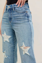 Sarah Express Women’s Plus Size High Rise 90's Straight Jeans with Star Destroy

