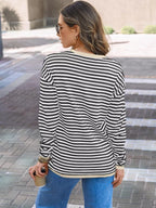 Sarah Express Women's Striped Round Neck Long Sleeve Knit Top with Pockets