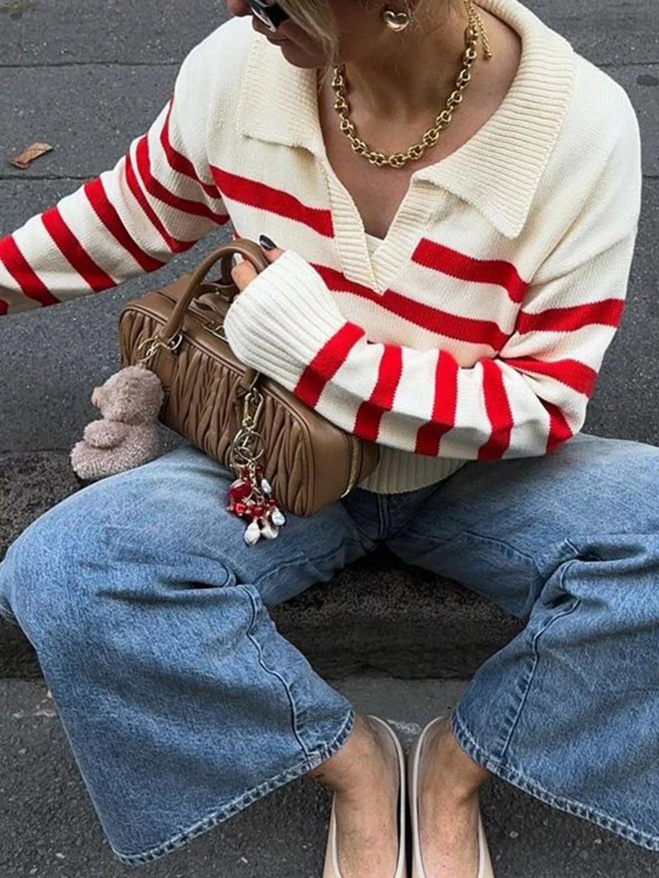 Sarah Express Women's Striped Knit Polo Collar Sweater