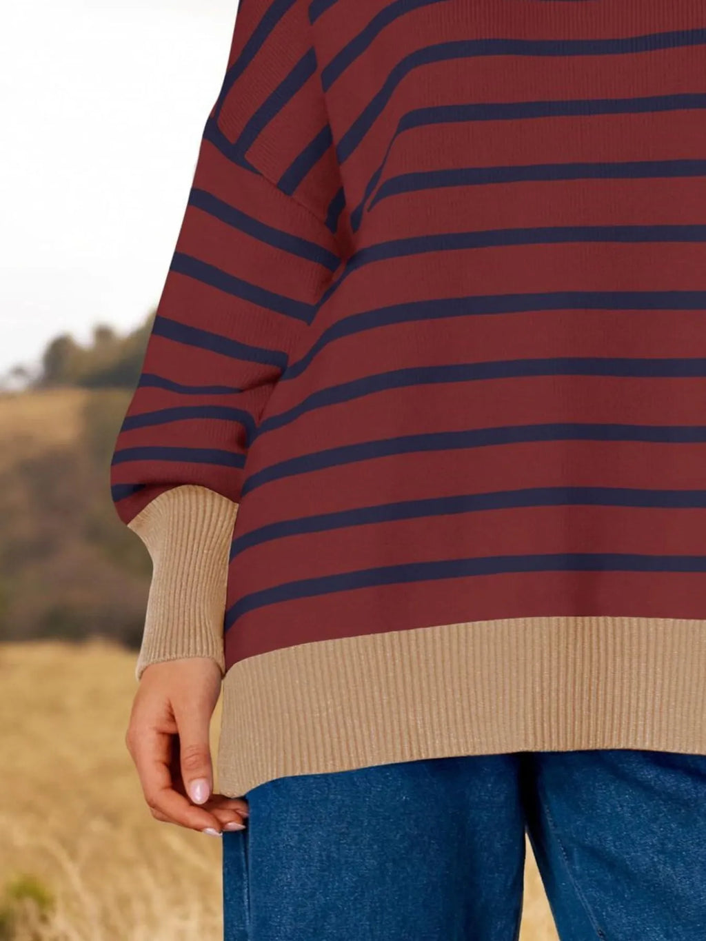 Sarah Express Women's Striped Round Neck Long Sleeve Sweater - Oversized Fit