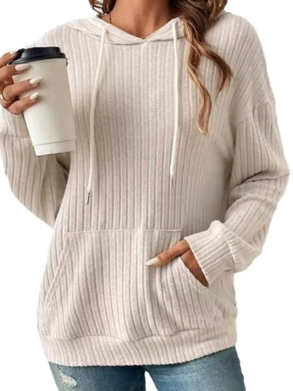 Sarah Express Women's Ribbed Knit Long Sleeve Drawstring Hoodie