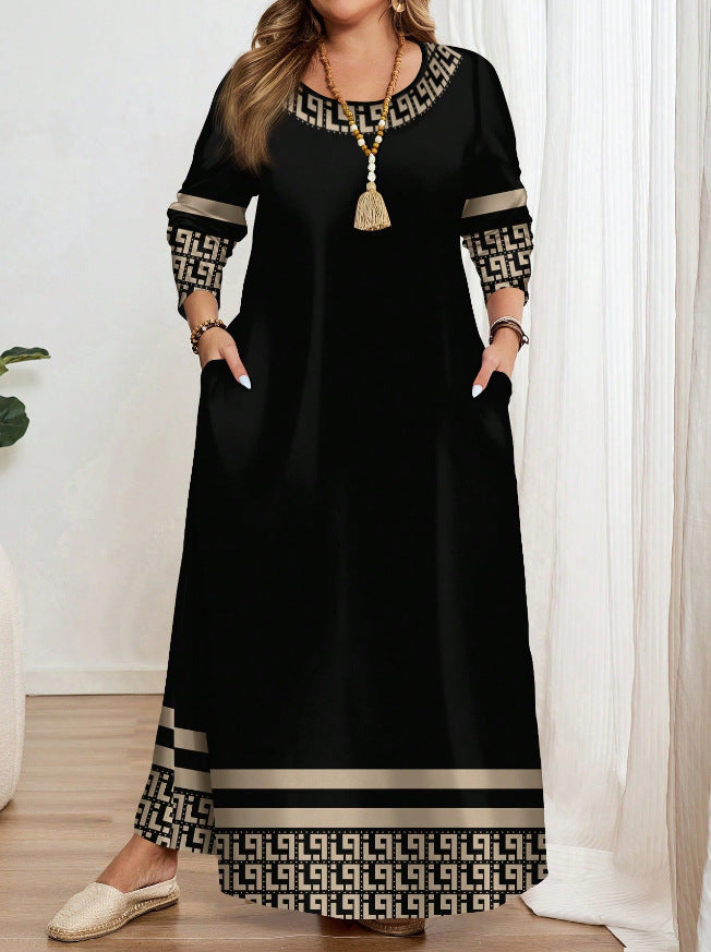 Women's Contrast Color Midi Dress Round Neck Short Sleeve Casual