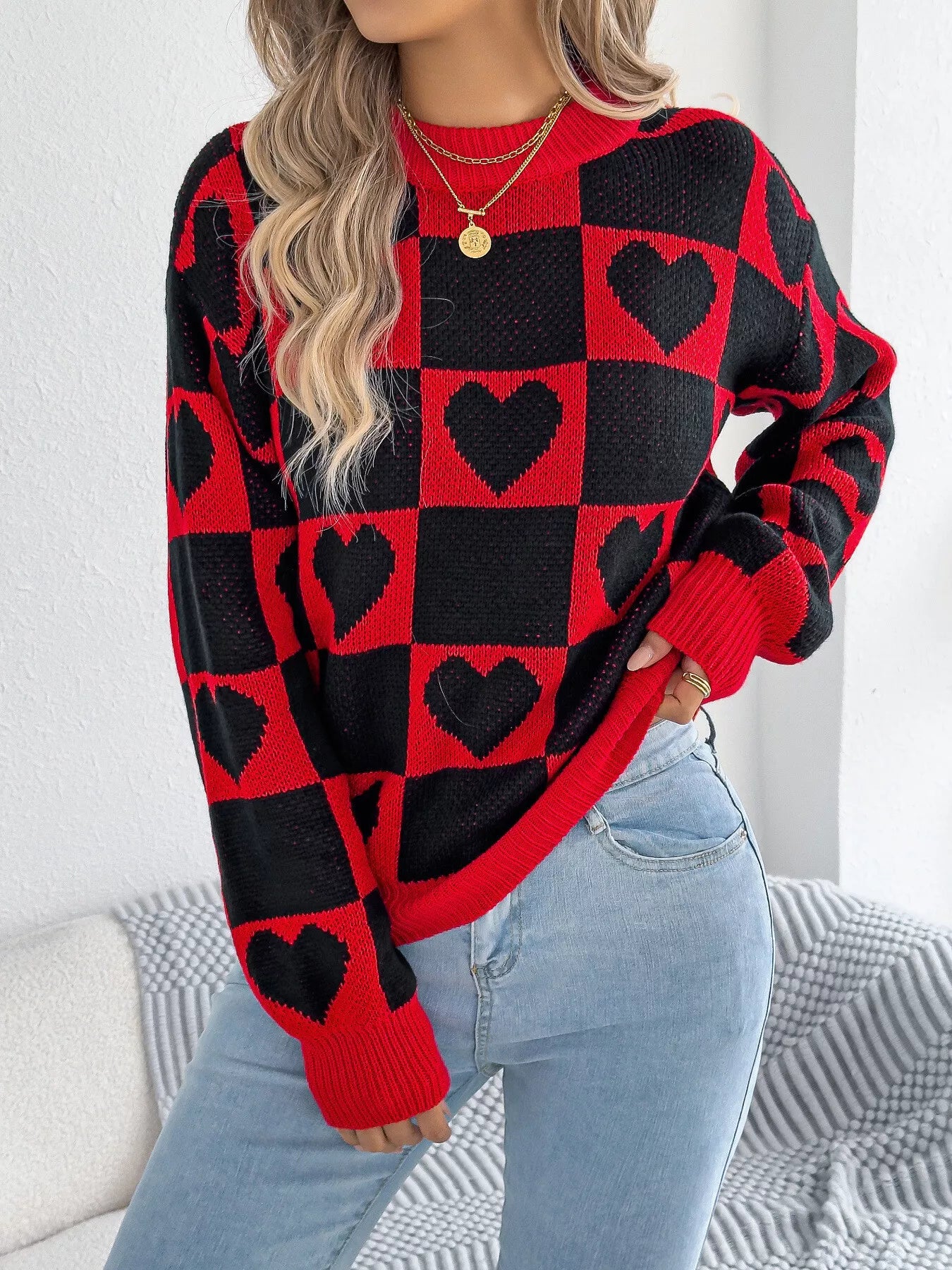 Sarah Express Women's Heart Checkerboard Pattern Round Neck Sweater