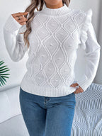 Sarah Express Women's Mock Neck Ruffle Trim Long Sleeve Cable Knit Sweater