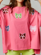 Sarah Express Women's Sequin Bow Round Neck T-Shirt - Oversized Casual Top