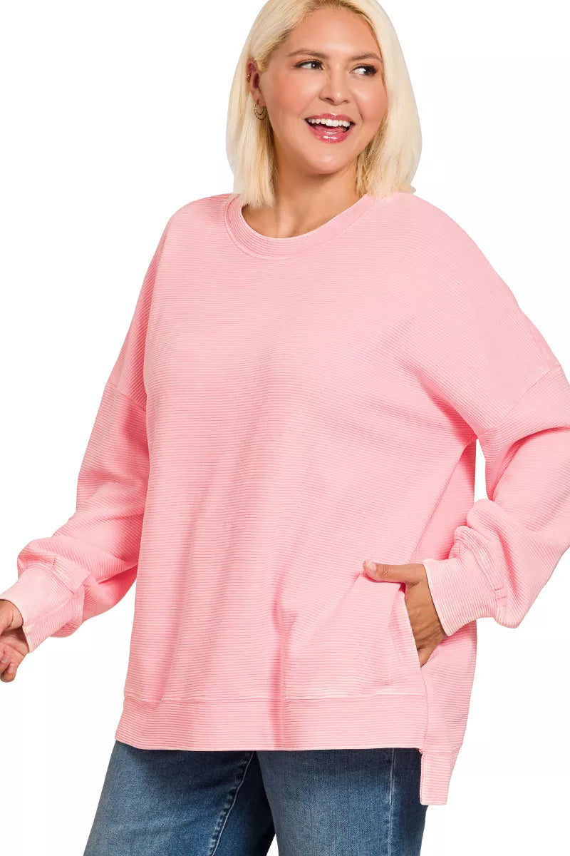 Sarah Express Women's Acid Wash Ribbed Sweatshirt | Hi-Low Hem | 100% Cotton | S-3XL