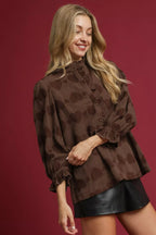 Sarah Express women’s heart jacquard shirt featuring delicate ruffle trim detailing.