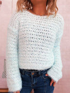 Sarah Express Women's Crochet Round Neck Dropped Shoulder Sweater