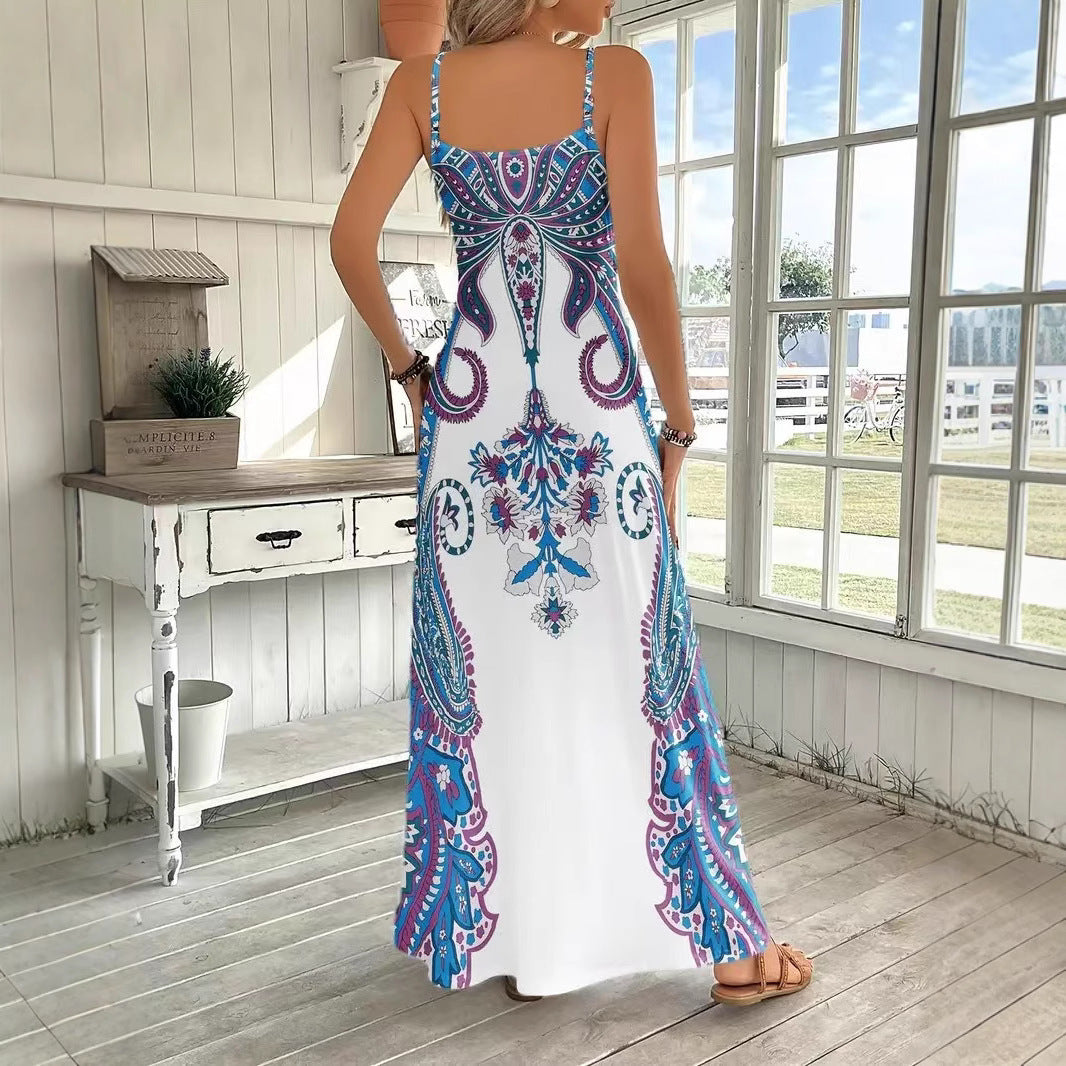 Women's V-Neck Sleeveless Maxi Dress Artistic Print