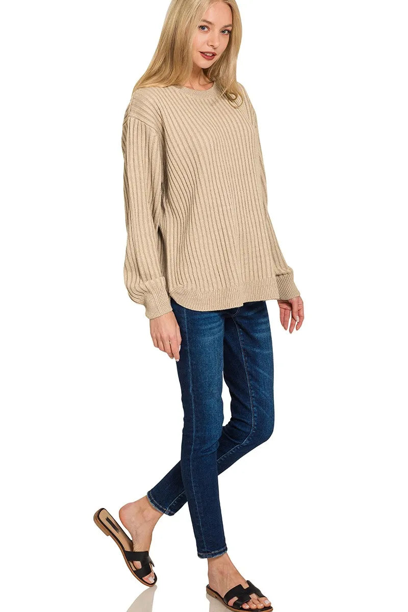 Sarah Express Women’s Oversized Two-Tone Ribbed Sweater with Curved Hem