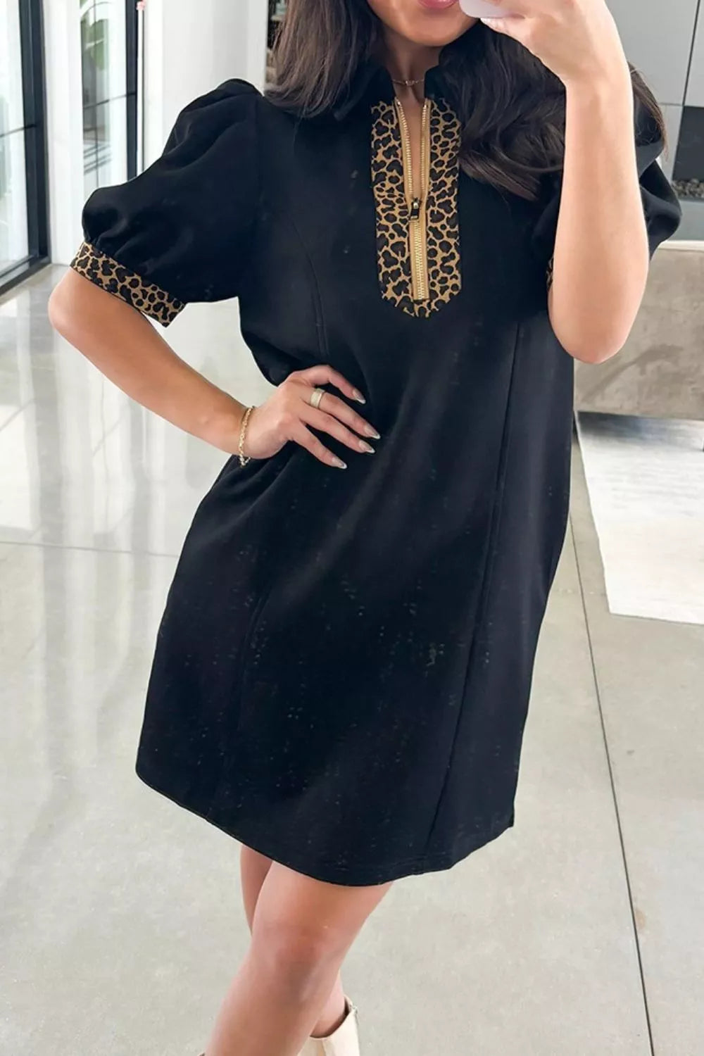 Sarah Express Women's Leopard Trim Zipper Front Mini Dress