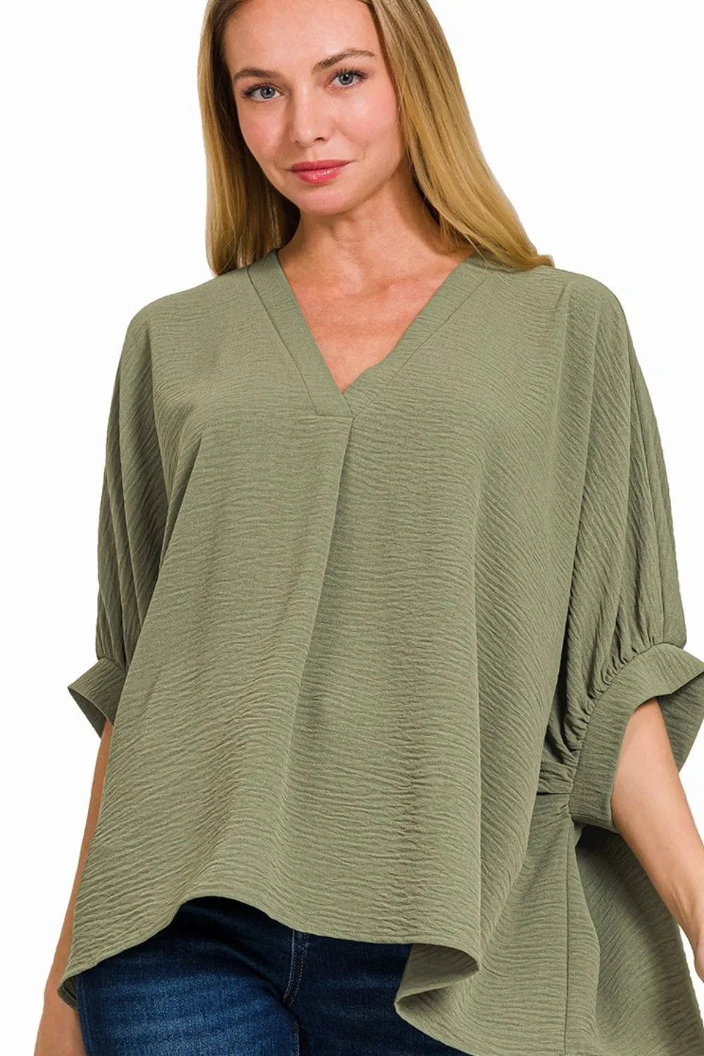 Sarah Express Women's Sage Green V-Neck Blouse | Puff Sleeve Oversized | Polyester | S/M-L/XL
