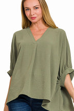 Sarah Express Women's Sage Green V-Neck Blouse | Puff Sleeve Oversized | Polyester | S/M-L/XL