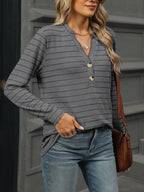 Sarah Express Women's Striped Henley T-Shirt with Button Detail