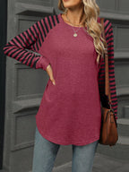 Sarah Express Women's Striped Round Neck Raglan Sleeve T-Shirt