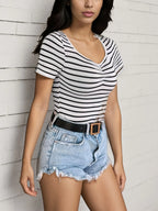 Sarah Express Women's Striped Short Sleeve T-Shirt - Ruched Basic Style Tee White