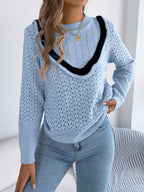 Sarah Express Women's Hollow-Out Knit Top with Contrast Trim Light Blue