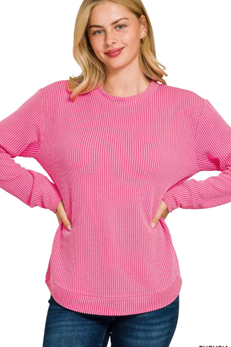 Sarah Express Women’s Plus Size Raised Rib Long Sleeve Top Casual All-Season