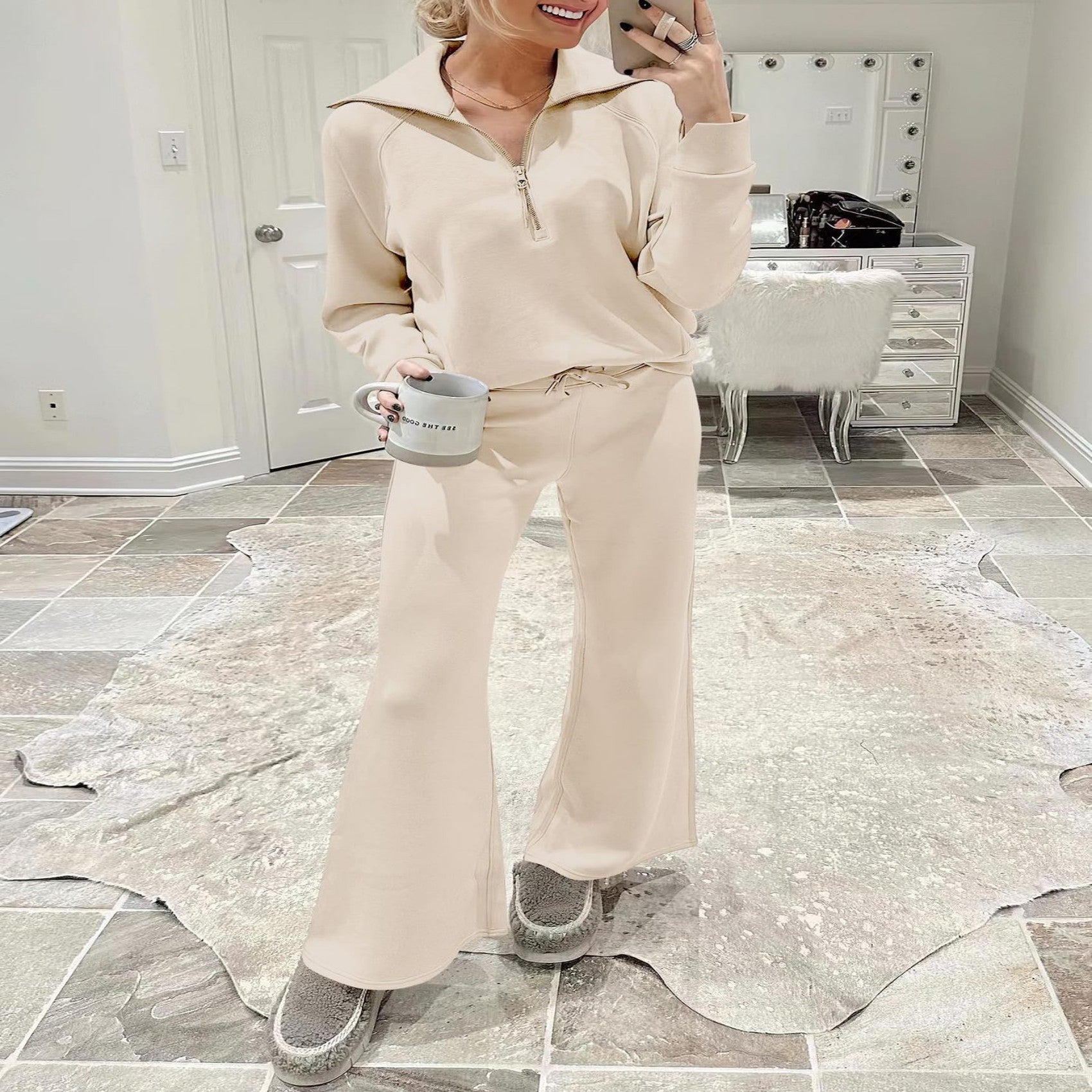 Women's Long Sleeve Zipper Sweatshirt and Wide-Leg Pants Athleisure Set