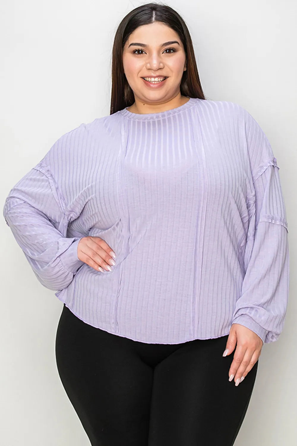 Sarah Express Women’s Plus Size Ribbed Long Sleeve T-Shirt with Exposed Seam
