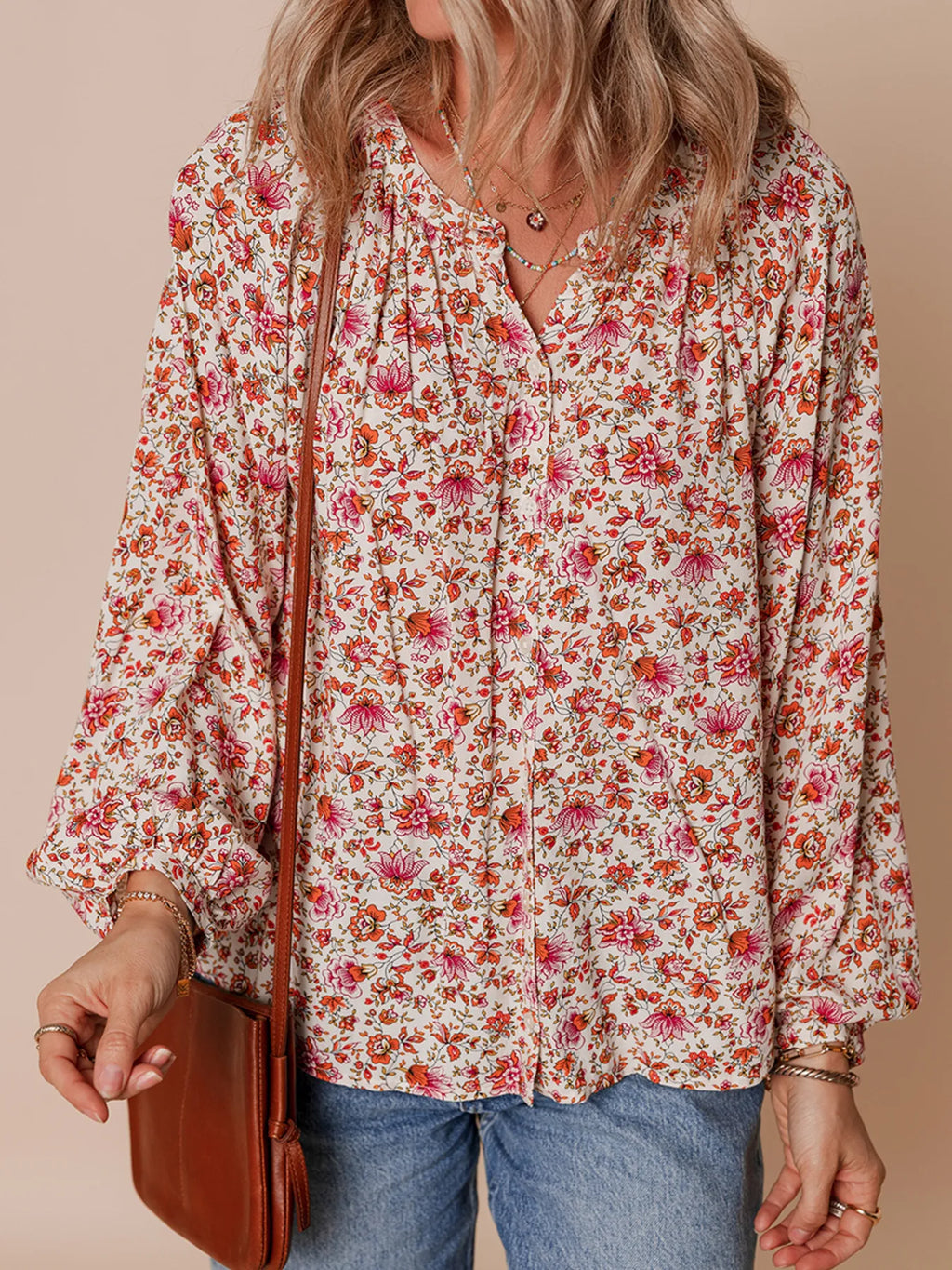 Sarah Express Women's Floral Long Sleeve Button Down Blouse
