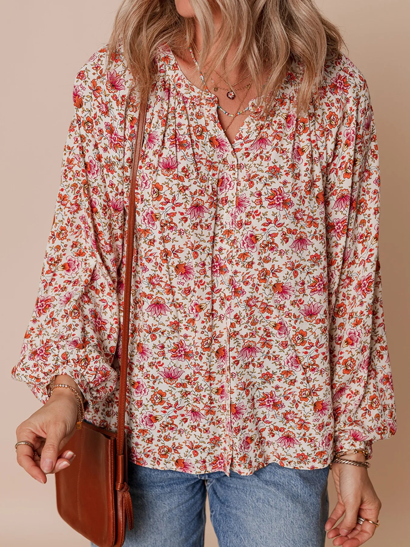 Sarah Express Women's Floral Long Sleeve Button Down Blouse