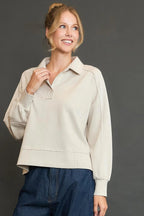 Collared Neck Long Sleeve Top with Raw Hem Detail