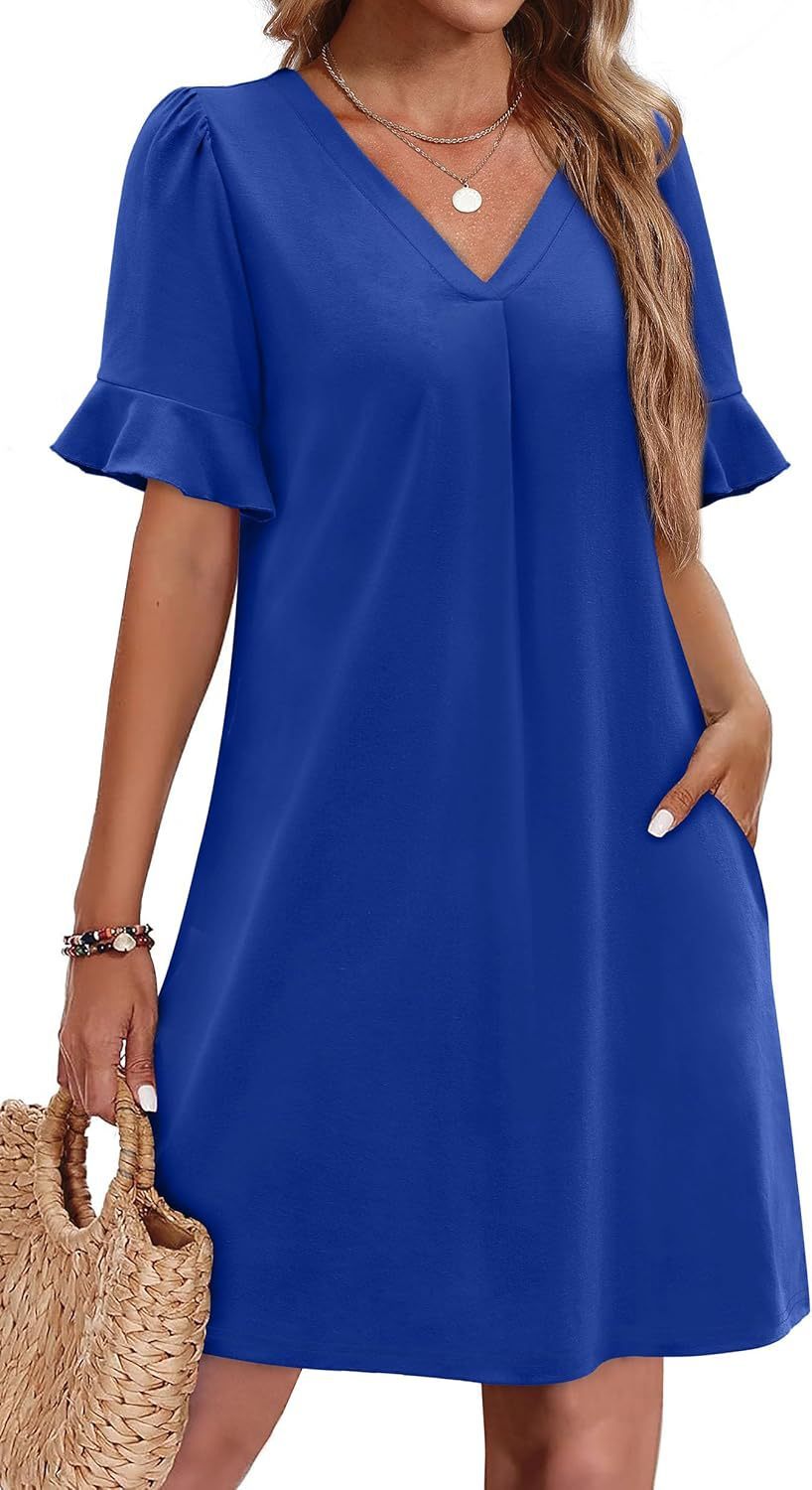 Women's V-Neck Ruffled A-Line Dress with Pockets Vacation Casual Short Sleeve