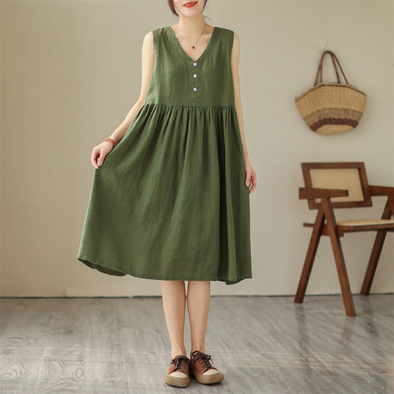 Women's Cotton Linen V-Neck Sleeveless Midi Dress Japanese Style Loose Fit Summer