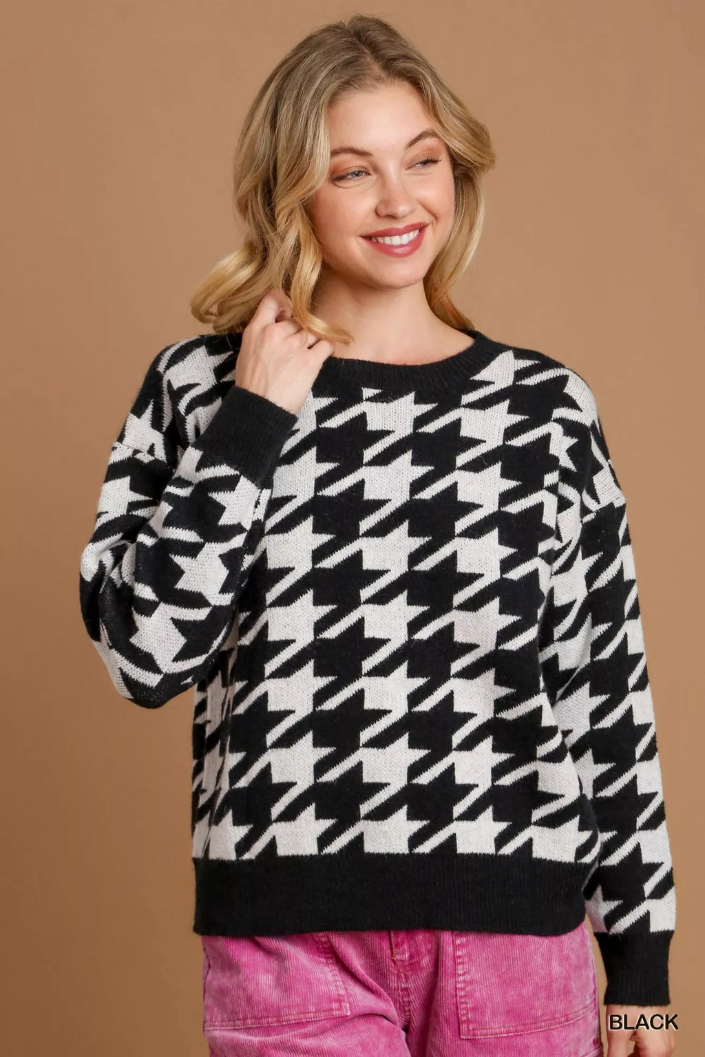 Sarah Express Women's Houndstooth Round Neck Sweater Black