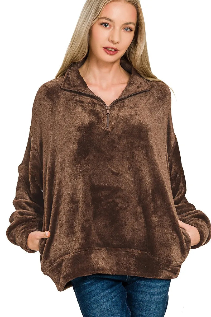 Sarah Express Women's Faux Fur Half Zip Pullover | Oversized Pocketed | 100% Polyester | S-L