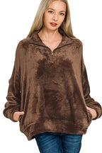 Sarah Express Women's Faux Fur Half Zip Pullover | Oversized Pocketed | 100% Polyester | S-L