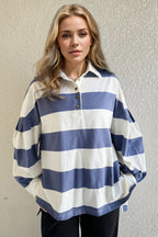 Sarah Express Women's Pima Cotton Wide Striped Collared Long Sleeve Top - Casual Work Shirt