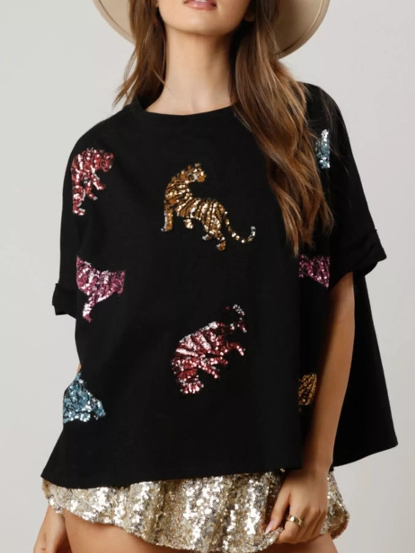 Sarah Express Women's Sequin Tiger Round Neck T-Shirt Black
